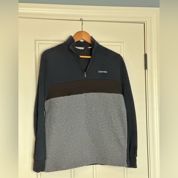Calvin Klein Sweatshirt Men Medium Navy Black White 1/4 Zip Mock Collar Size Sm - Picture 1 of 3